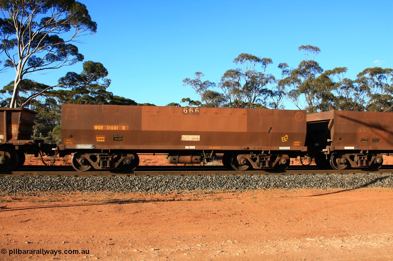 100731 03125
WOE type iron ore waggon WOE 31081 is one of a batch of one hundred and thirty built by Goninan WA between March and August 2001 with serial number 950092-071 and fleet number 666 for Koolyanobbing iron ore operations, empty train arriving at Binduli Triangle, 31st July 2010.
Keywords: WOE-type;WOE31081;Goninan-WA;950092-071;