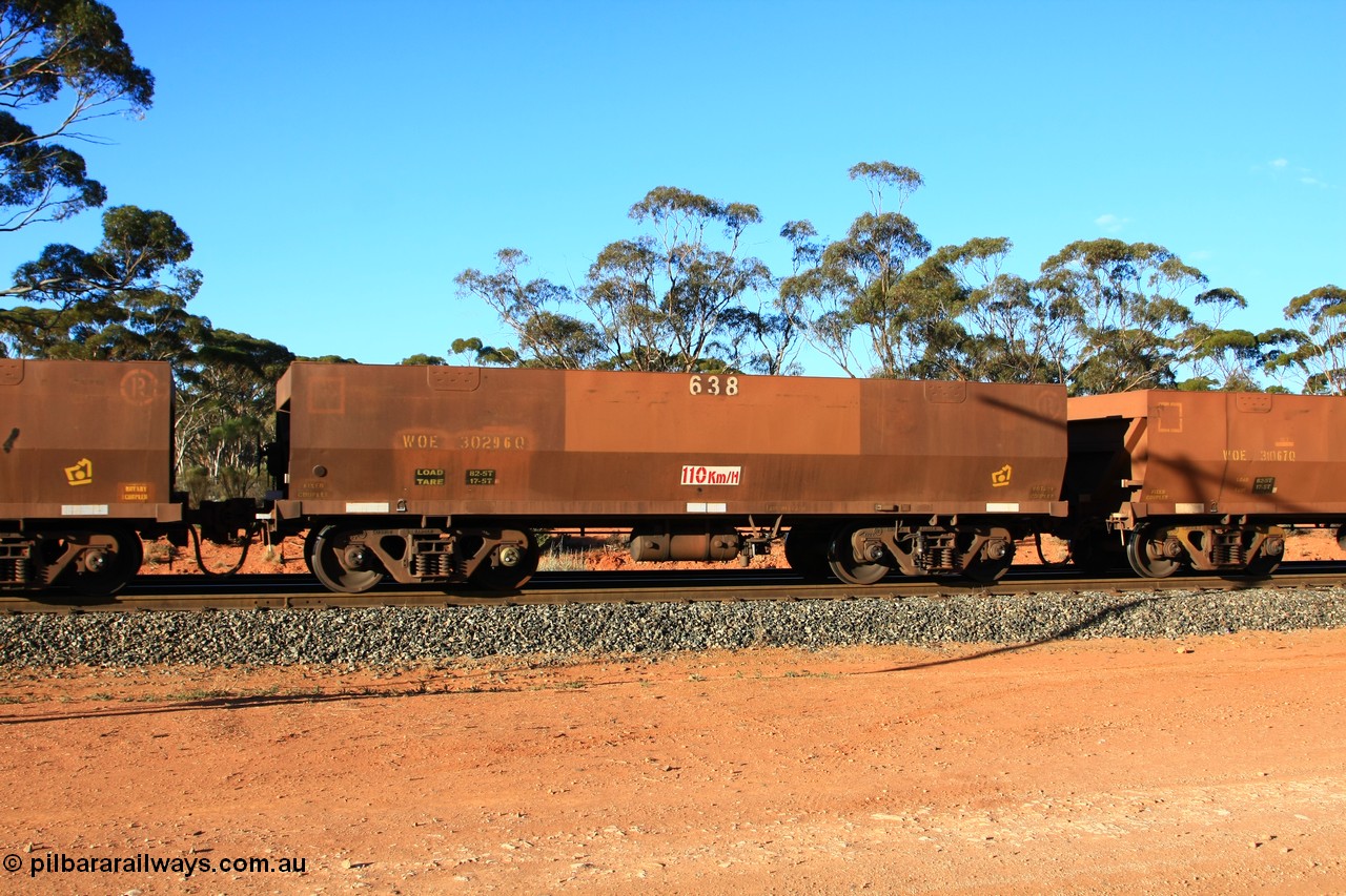 100731 03126
WOE type iron ore waggon WOE 30296 is one of a batch of one hundred and thirty built by Goninan WA between March and August 2001 with serial number 950092-046 and fleet number 638 for Koolyanobbing iron ore operations, empty train arriving at Binduli Triangle, 31st July 2010.
Keywords: WOE-type;WOE30296;Goninan-WA;950092-046;