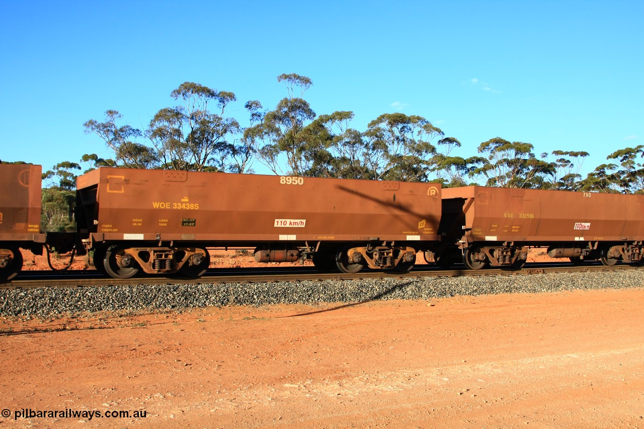 100731 03129
WOE type iron ore waggon WOE 33438 is one of a batch of seventeen built by United Group Rail WA between July and August 2008 with serial number 950209-002 and fleet number 8950 for Koolyanobbing iron ore operations, empty train arriving at Binduli Triangle, 31st July 2010.
Keywords: WOE-type;WOE33438;United-Group-Rail-WA;950209-002;