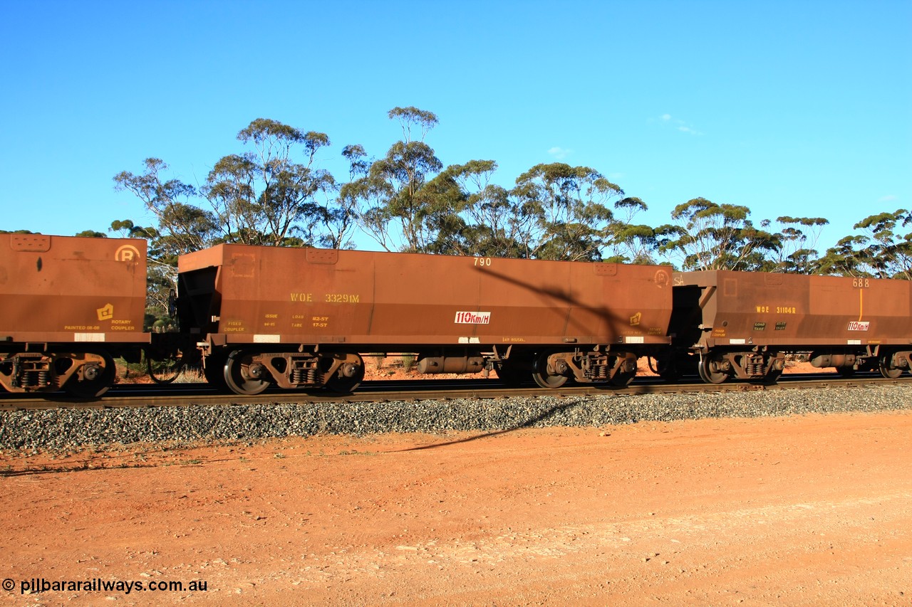 100731 03130
WOE type iron ore waggon WOE 33291 is one of a batch of thirty five built by United Goninan WA between January and April 2005 with serial number 950104-031 and fleet number 790 for Koolyanobbing iron ore operations, empty train arriving at Binduli Triangle, 31st July 2010.
Keywords: WOE-type;WOE33291;United-Goninan-WA;950104-031;