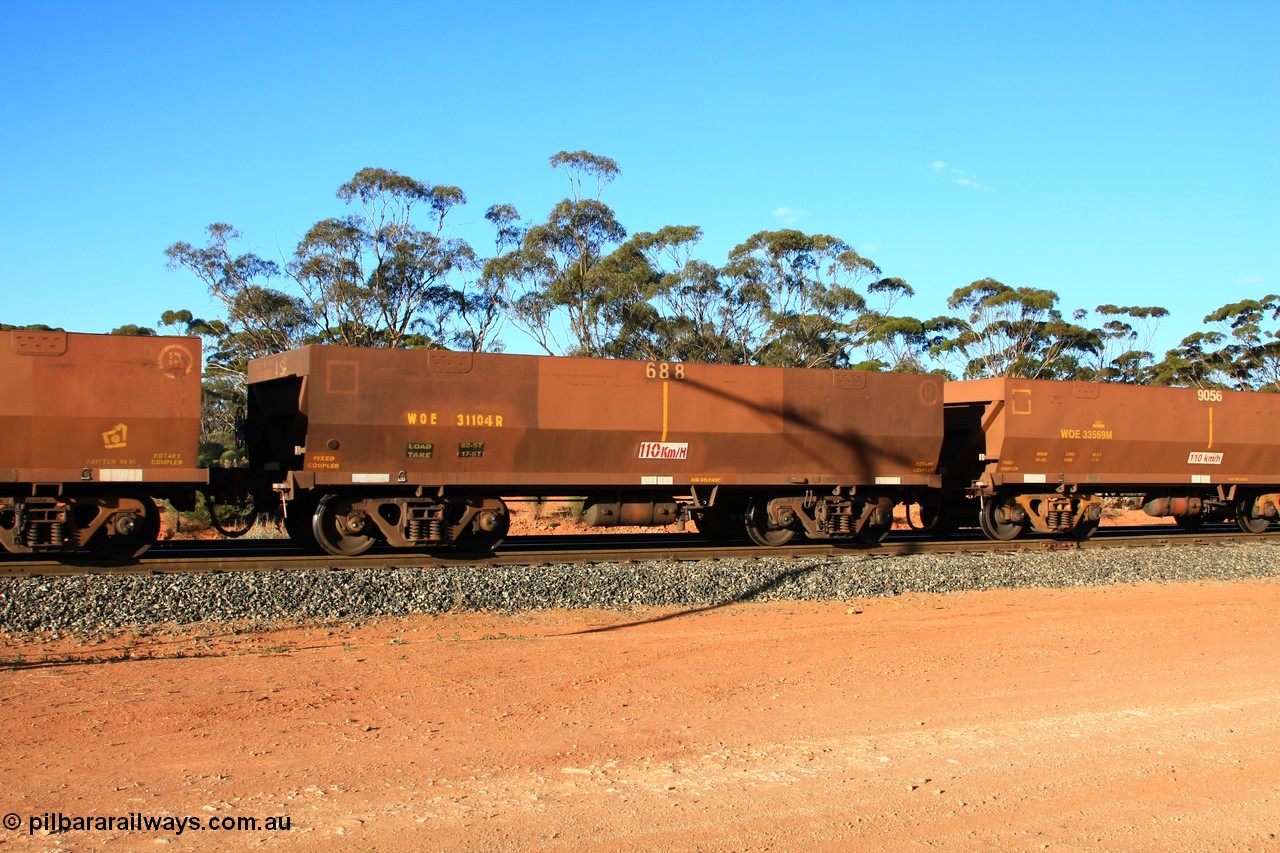 100731 03131
WOE type iron ore waggon WOE 31104 is one of a batch of one hundred and thirty built by Goninan WA between March and August 2001 with serial number 950092-094 and fleet number 688 for Koolyanobbing iron ore operations, empty train arriving at Binduli Triangle, 31st July 2010.
Keywords: WOE-type;WOE31104;Goninan-WA;950092-094;