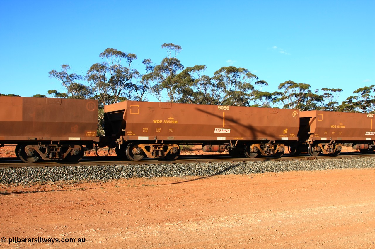 100731 03132
WOE type iron ore waggon WOE 33569 is one of a batch of one hundred and twenty eight built by United Group Rail WA between August 2008 and March 2009 with serial number 950211-109 and fleet number 9056 for Koolyanobbing iron ore operations, empty train arriving at Binduli Triangle, 31st July 2010.
Keywords: WOE-type;WOE33569;United-Group-Rail-WA;950211-109;