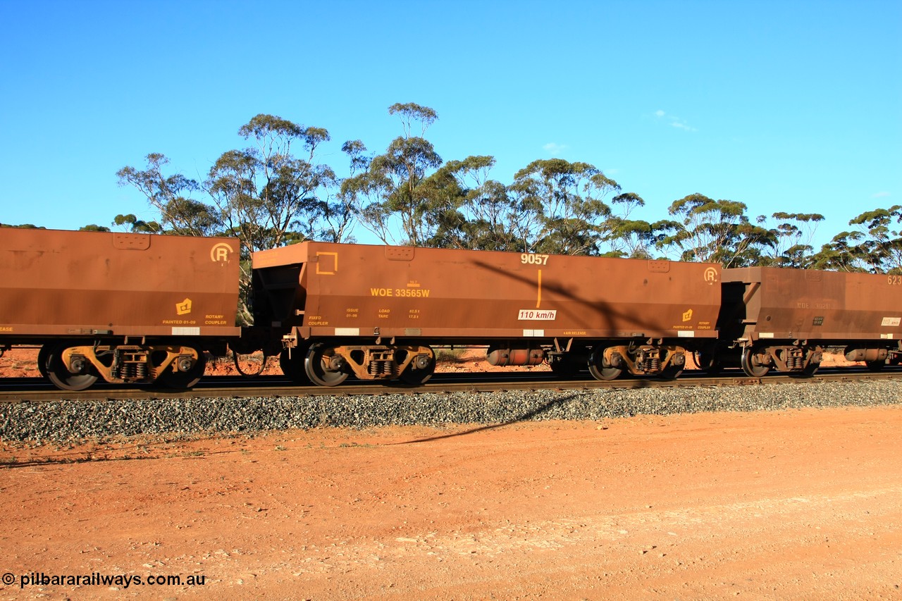 100731 03133
WOE type iron ore waggon WOE 33565 is one of a batch of one hundred and twenty eight built by United Group Rail WA between August 2008 and March 2009 with serial number 950211-105 and fleet number 9057 for Koolyanobbing iron ore operations, empty train arriving at Binduli Triangle, 31st July 2010.
Keywords: WOE-type;WOE33565;United-Group-Rail-WA;950211-105;