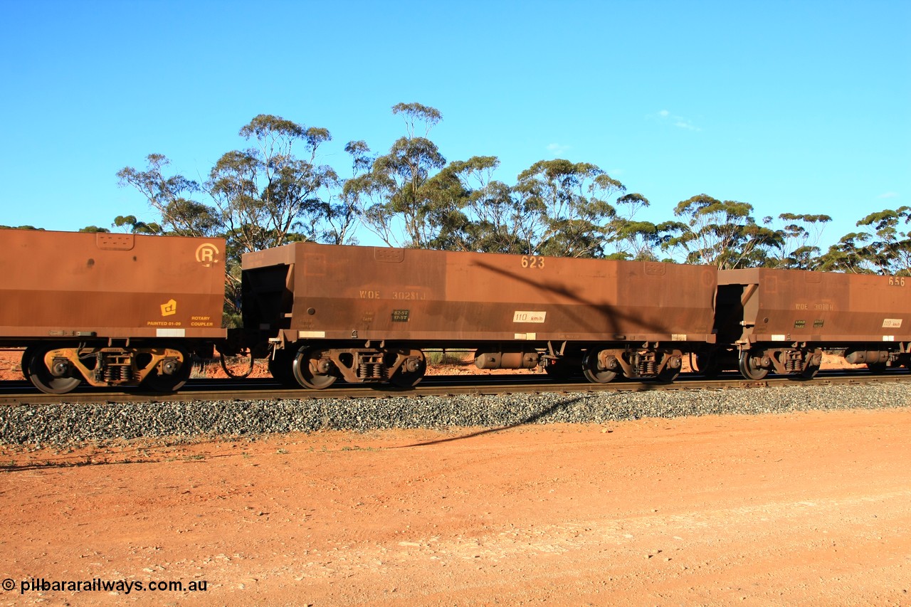 100731 03134
WOE type iron ore waggon WOE 30281 is one of a batch of one hundred and thirty built by Goninan WA between March and August 2001 with serial number 950092-031 and fleet number 623 for Koolyanobbing iron ore operations, empty train arriving at Binduli Triangle, 31st July 2010.
Keywords: WOE-type;WOE30281;Goninan-WA;950092-031;