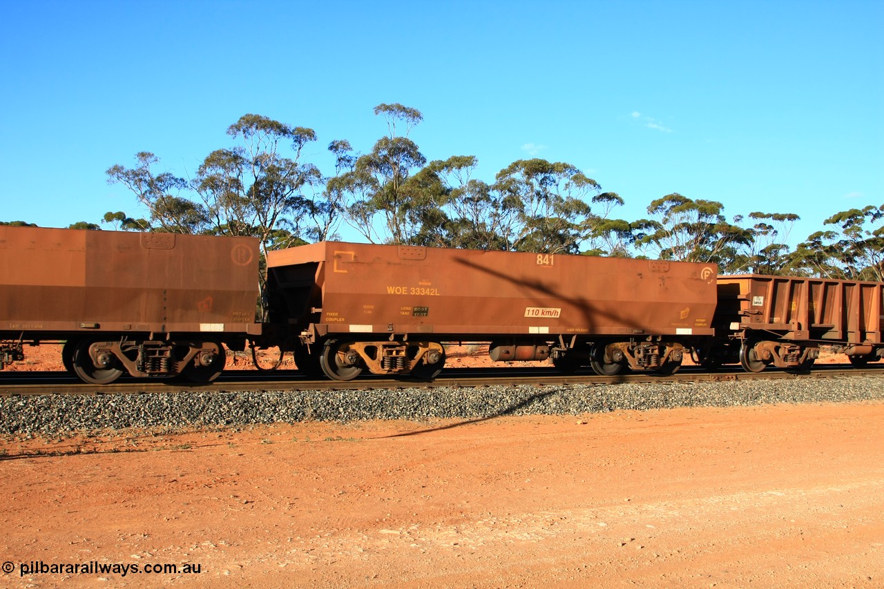 100731 03136
WOE type iron ore waggon WOE 33342 is one of a batch of one hundred and forty one built by United Goninan WA between November 2005 and April 2006 with serial number 950142-047 and fleet number 841 for Koolyanobbing iron ore operations, empty train arriving at Binduli Triangle, 31st July 2010.
Keywords: WOE-type;WOE33342;United-Goninan-WA;950142-047;