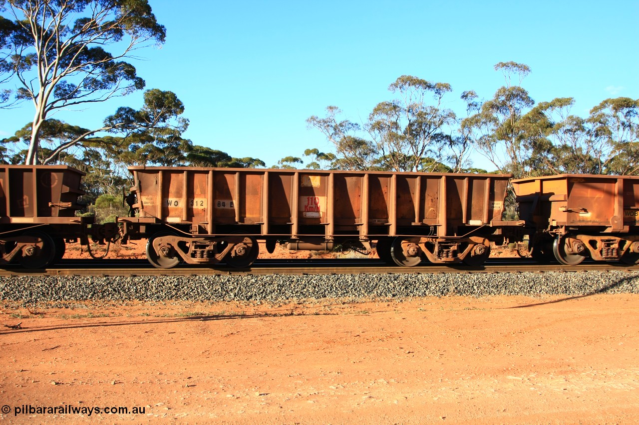 100731 03140
WO type iron ore waggon WO 31284 is one of a batch of eighty six built by WAGR Midland Workshops between 1967 and March 1968 with fleet number 164 for Koolyanobbing iron ore operations, with a 75 ton and 1018 ft³ capacity, empty train arriving at Binduli Triangle, 31st July 2010. This unit was converted to WOC for coal in 1986 till 1994 when it was re-classed back to WO.
Keywords: WO-type;WO31284;WAGR-Midland-WS;
