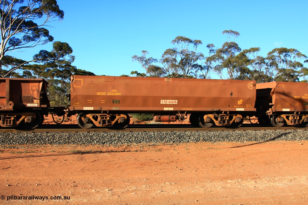 100731 03142
WOE type iron ore waggon WOE 33536 is one of a batch of one hundred and twenty eight built by United Group Rail WA between August 2008 and March 2009 with serial number 950211-076 and fleet number 9023 for Koolyanobbing iron ore operations, empty train arriving at Binduli Triangle, 31st July 2010.
Keywords: WOE-type;WOE33536;United-Group-Rail-WA;950211-076;