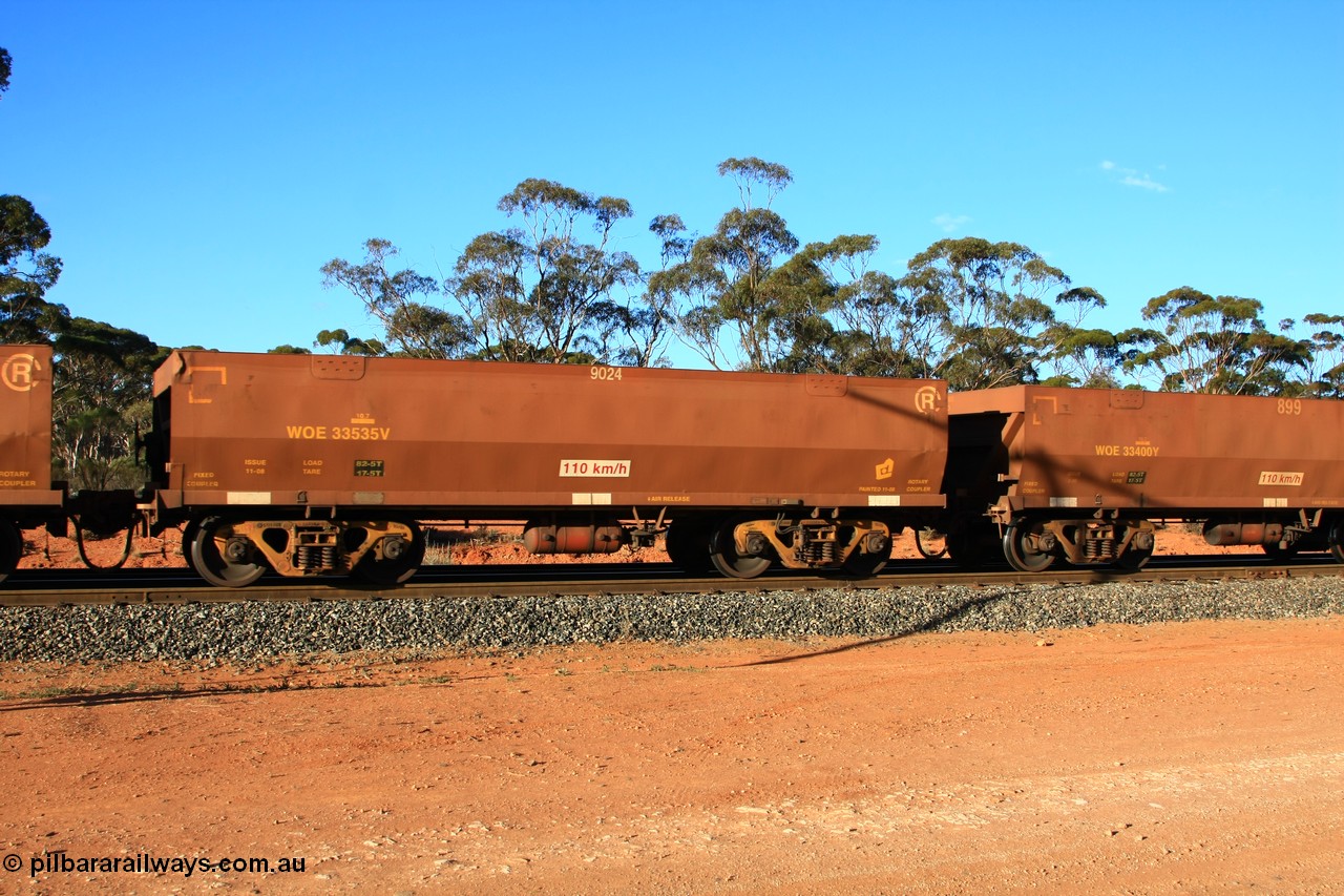 100731 03143
WOE type iron ore waggon WOE 33535 is one of a batch of one hundred and twenty eight built by United Group Rail WA between August 2008 and March 2009 with serial number 950211-075 and fleet number 9024 for Koolyanobbing iron ore operations, empty train arriving at Binduli Triangle, 31st July 2010.
Keywords: WOE-type;WOE33535;United-Group-Rail-WA;950211-075;