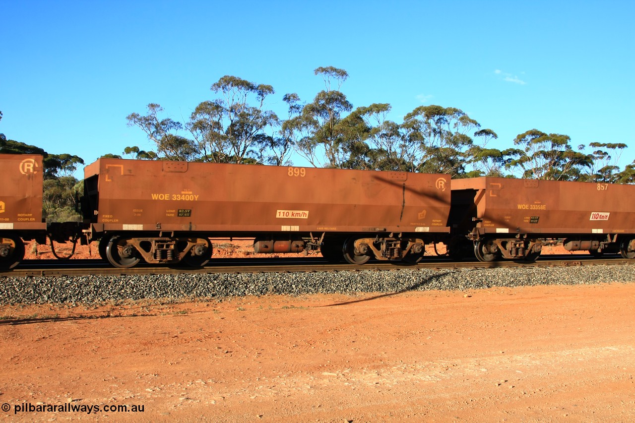100731 03144
WOE type iron ore waggon WOE 33400 is one of a batch of one hundred and forty one built by United Group Rail WA between November 2005 and April 2006 with serial number 950142-105 and fleet number 899 for Koolyanobbing iron ore operations, empty train arriving at Binduli Triangle, 31st July 2010.
Keywords: WOE-type;WOE33400;United-Group-Rail-WA;950142-105;