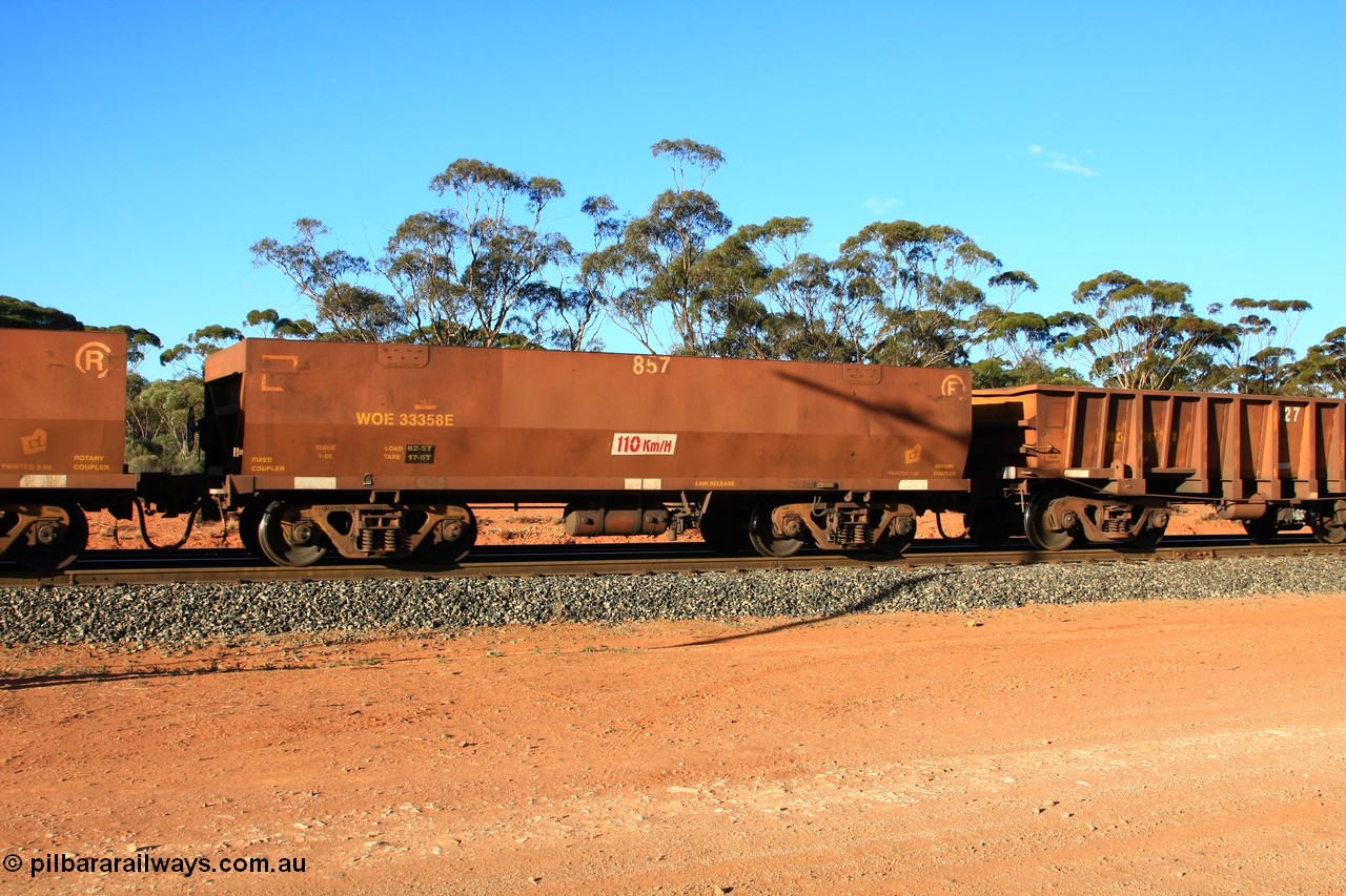 100731 03145
WOE type iron ore waggon WOE 33358 is one of a batch of one hundred and forty one built by United Goninan WA between November 2005 and April 2006 with serial number 950142-063 and fleet number 857 for Koolyanobbing iron ore operations, empty train arriving at Binduli Triangle, 31st July 2010.
Keywords: WOE-type;WOE33358;United-Goninan-WA;950142-063;