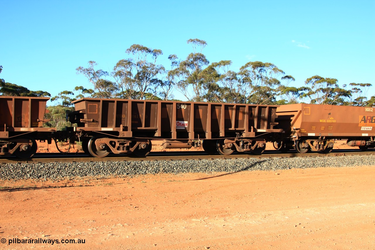 100731 03147
WOD type iron ore waggon WOD 31477 is one of a batch of sixty two built by Goninan WA between April and August 2000 with serial number 950086-049 and fleet number 540 for Koolyanobbing iron ore operations with a 75 ton capacity for Portman Mining to cart their Koolyanobbing iron ore to Esperance, PORTMAN has been painted out, empty train arriving at Binduli Triangle, 31st July 2010.
Keywords: WOD-type;WOD31477;Goninan-WA;950086-049;