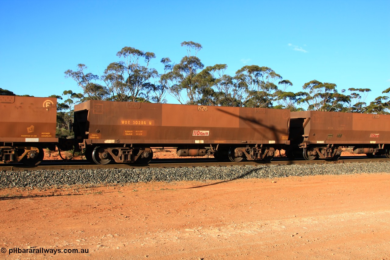 100731 03149
WOE type iron ore waggon WOE 30284 is one of a batch of one hundred and thirty built by Goninan WA between March and August 2001 with serial number 950092-034 and fleet number 626 for Koolyanobbing iron ore operations of 83 tonne load capacity, but with revised load of 82.5 tonne and PORTMAN painted out, empty train arriving at Binduli Triangle, 31st July 2010.
Keywords: WOE-type;WOE30284;Goninan-WA;950092-034;