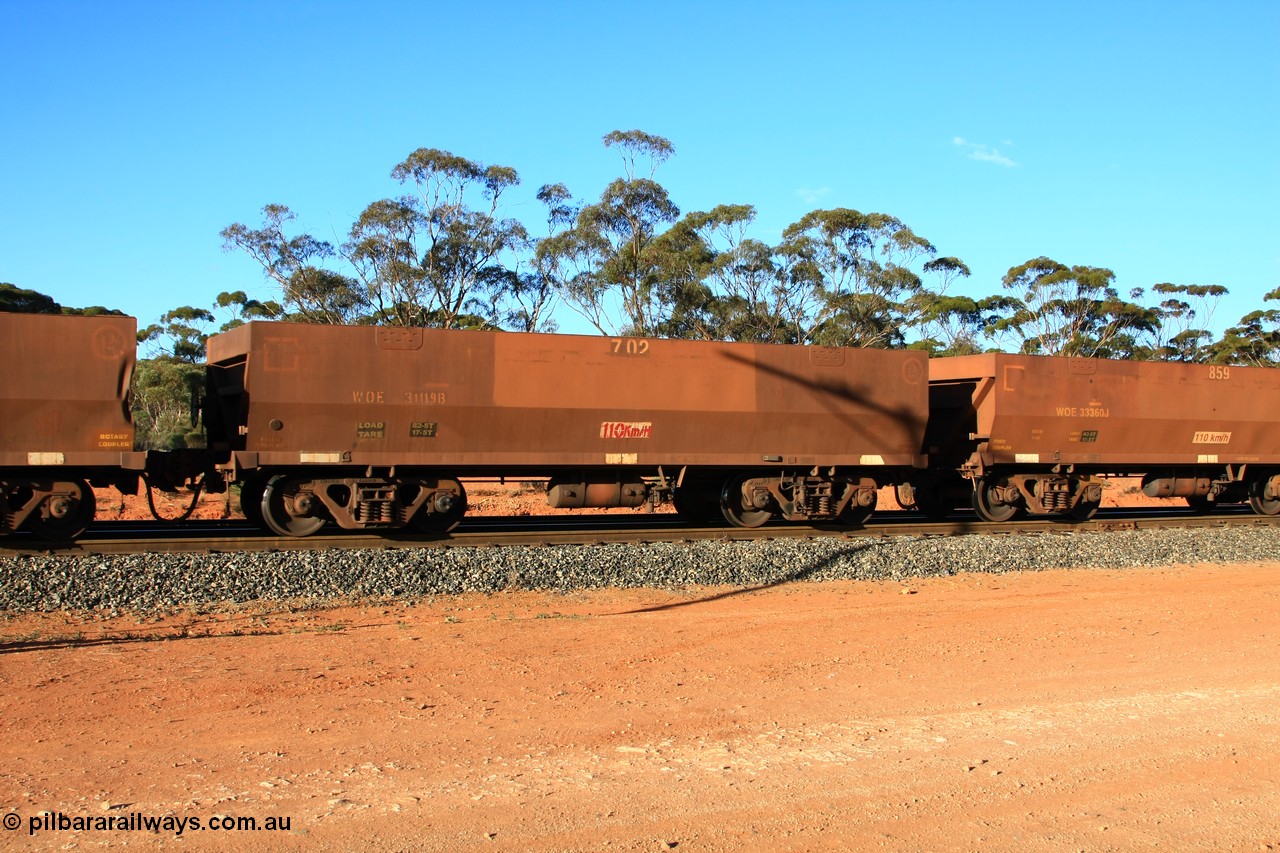 100731 03150
WOE type iron ore waggon WOE 31119 is one of a batch of one hundred and thirty built by Goninan WA between March and August 2001 with serial number 950092-109 and fleet number 702 for Koolyanobbing iron ore operations with PORTMAN painted out and the load revised to 82.5 tonnes, empty train arriving at Binduli Triangle, 31st July 2010.
Keywords: WOE-type;WOE31119;Goninan-WA;950092-109;