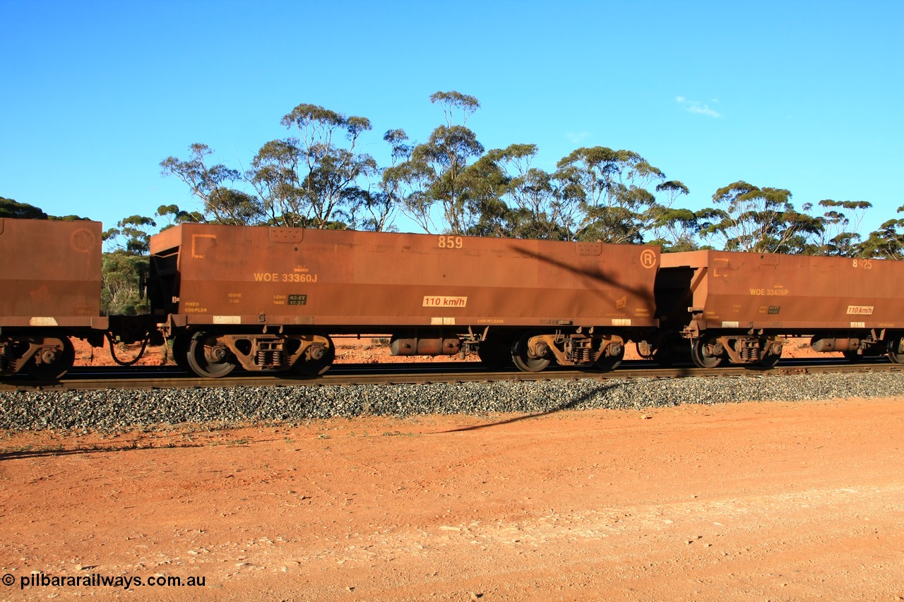 100731 03151
WOE type iron ore waggon WOE 33360 is one of a batch of one hundred and forty one built by United Goninan WA between November 2005 and April 2006 with serial number 950142-065 and fleet number 859 for Koolyanobbing iron ore operations, empty train arriving at Binduli Triangle, 31st July 2010.
Keywords: WOE-type;WOE33360;United-Goninan-WA;950142-065;