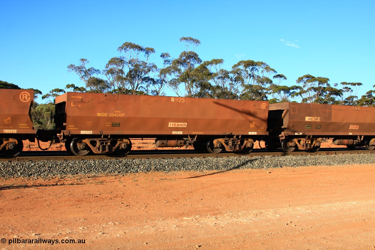 100731 03152
WOE type iron ore waggon WOE 33426 is one of a batch of one hundred and forty one built by United Group Rail WA between November 2005 and April 2006 with serial number 950142-131 and fleet number 8925 for Koolyanobbing iron ore operations empty train arriving at Binduli Triangle, 31st July 2010.
Keywords: WOE-type;WOE33426;United-Group-Rail-WA;950142-131;