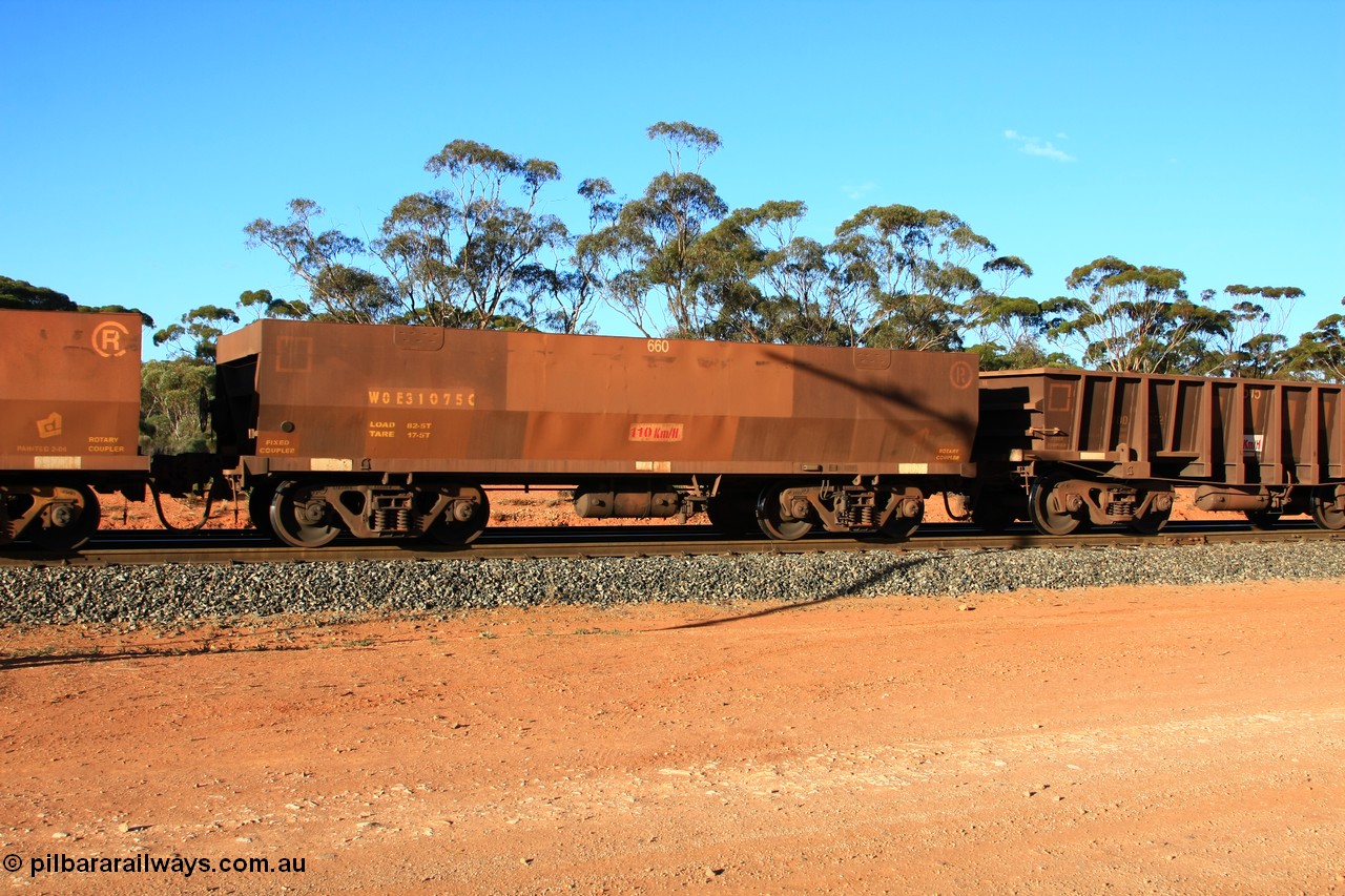 100731 03155
WOE type iron ore waggon WOE 31075 is one of a batch of one hundred and thirty built by Goninan WA between March and August 2001 with serial number 950092-065 and fleet number 660 for Koolyanobbing iron ore operations with PORTMAN painted out and the load revised to 82.5 tonnes, empty train arriving at Binduli Triangle, 31st July 2010.
Keywords: WOE-type;WOE31075;Goninan-WA;950092-065;