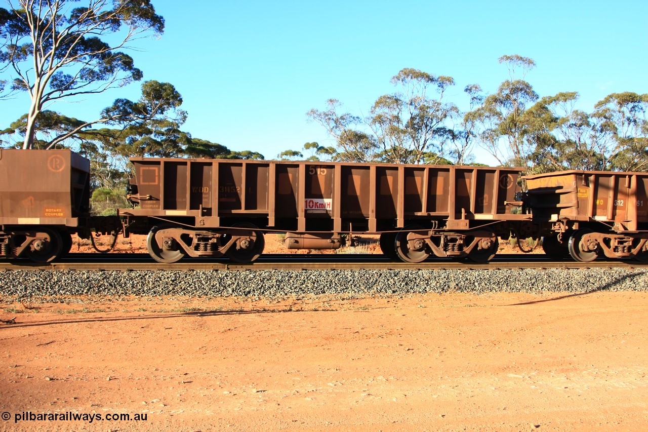 100731 03156
WOD type iron ore waggon WOD 31452 is one of a batch of sixty two built by Goninan WA between April and August 2000 with serial number 950086-024 and fleet number 515 for Koolyanobbing iron ore operations with a 75 ton capacity for Portman Mining to cart their Koolyanobbing iron ore to Esperance, PORTMAN has been painted out, empty train arriving at Binduli Triangle, 31st July 2010.
Keywords: WOD-type;WOD31452;Goninan-WA;950086-024;