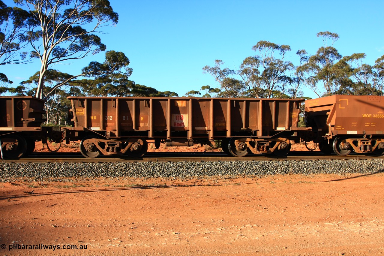 100731 03157
WO type iron ore waggon WO 31261 is one of a batch of eighty six built by WAGR Midland Workshops between 1967 and March 1968 with fleet number 147 for Koolyanobbing iron ore operations, with a 75 ton and 1018 ft³ capacity, empty train arriving at Binduli Triangle, 31st July 2010.
Keywords: WO-type;WO31261;WAGR-Midland-WS;