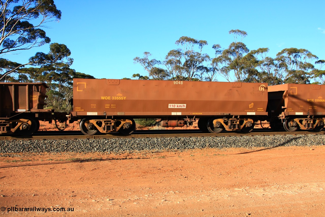 100731 03158
WOE type iron ore waggon WOE 33555 is one of a batch of one hundred and twenty eight built by United Group Rail WA between August 2008 and March 2009 with serial number 950211-095 and fleet number 9048 for Koolyanobbing iron ore operations, empty train arriving at Binduli Triangle, 31st July 2010.
Keywords: WOE-type;WOE33555;United-Group-Rail-WA;950211-095;