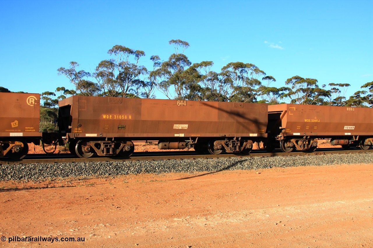 100731 03160
WOE type iron ore waggon WOE 31058 is one of a batch of fifteen built by Goninan WA between April and May 2002 with fleet number 644 for Koolyanobbing iron ore operations with PORTMAN painted out and the load revised down to 82.5 tonnes, empty train arriving at Binduli Triangle, 31st July 2010.
Keywords: WOE-type;WOE31058;Goninan-WA;