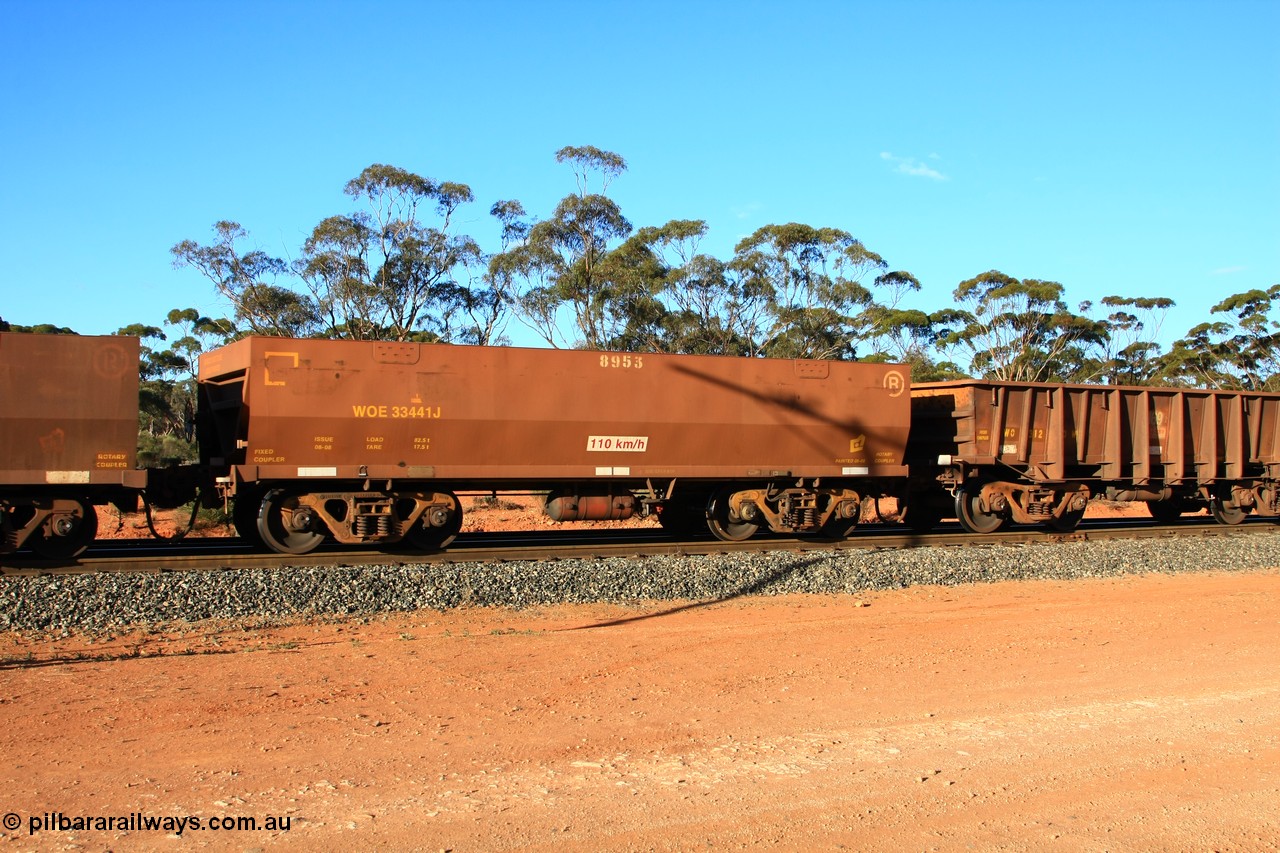 100731 03161
WOE type iron ore waggon WOE 33441 is one of a batch of seventeen built by United Group Rail WA between July and August 2008 with serial number 950209-005 and fleet number 8953 for Koolyanobbing iron ore operations empty train arriving at Binduli Triangle, 31st July 2010.
Keywords: WOE-type;WOE33441;United-Group-Rail-WA;950209-005;