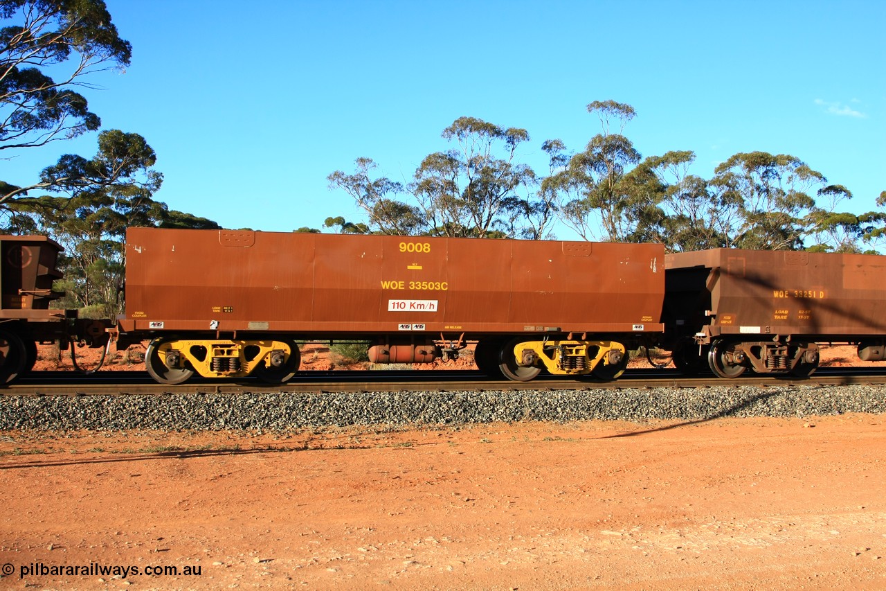 100731 03164
WOE type iron ore waggon WOE 33503 is one of a batch of one hundred and twenty eight built by United Group Rail WA between August 2008 and March 2009 with serial number 950211-043 and fleet number 9008 for Koolyanobbing iron ore operations, looks to have been repainted, small ARG decals and number board painted in the middle of waggon, empty train arriving at Binduli Triangle, 31st July 2010.
Keywords: WOE-type;WOE33503;United-Group-Rail-WA;950211-043;