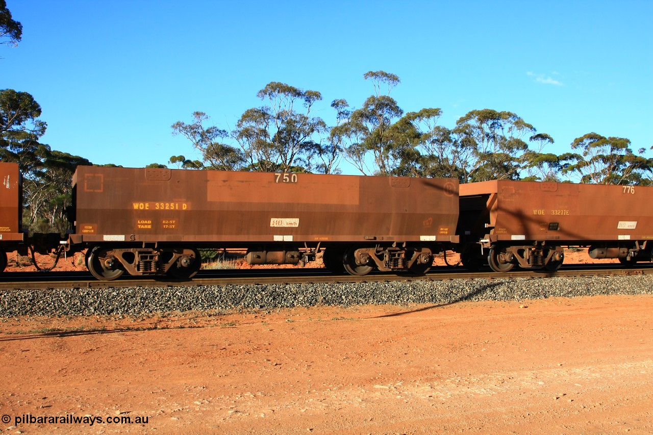 100731 03165
WOE type iron ore waggon WOE 33251 is one of a batch of twenty seven built by Goninan WA between September and October 2002 with serial number 950103-018 and fleet number 750 for Koolyanobbing iron ore operations with PORTMAN painted out and the load revised to 82.5 tonnes, empty train arriving at Binduli Triangle, 31st July 2010.
Keywords: WOE-type;WOE33251;Goninan-WA;950103-018;