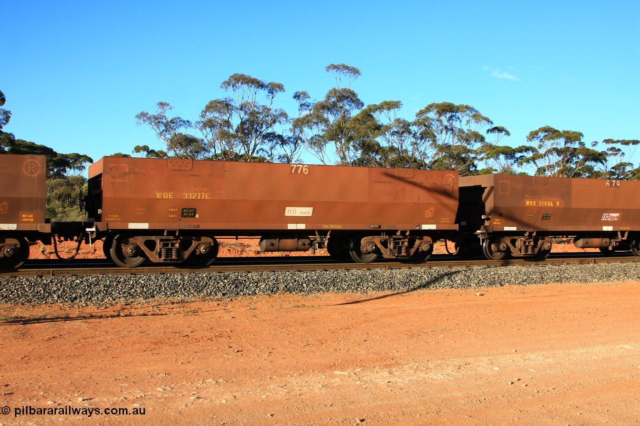 100731 03166
WOE type iron ore waggon WOE 33277 is one of a batch of thirty five built by Goninan WA between January and April 2005 with serial number 950104-017 and fleet number 776 for Koolyanobbing iron ore operations with PORTMAN painted out and the load revised down to 82.5 tonnes, empty train arriving at Binduli Triangle, 31st July 2010.
Keywords: WOE-type;WOE33277;Goninan-WA;950104-017;