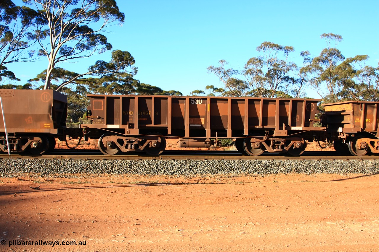 100731 03168
WOD type iron ore waggon WOD 31467 is one of a batch of sixty two built by Goninan WA between April and August 2000 with serial number 950086-039 and fleet number 530 for Koolyanobbing iron ore operations with a 75 ton capacity for Portman Mining to cart their Koolyanobbing iron ore to Esperance, PORTMAN has been painted out, empty train arriving at Binduli Triangle, 31st July 2010.
Keywords: WOD-type;WOD31467;Goninan-WA;950086-039;