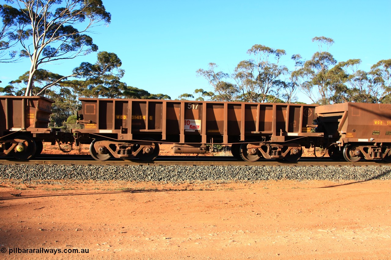 100731 03170
WOD type iron ore waggon WOD 31454 is one of a batch of sixty two built by Goninan WA between April and August 2000 with serial number 950086-026 and fleet number 517 for Koolyanobbing iron ore operations with a 75 ton capacity for Portman Mining to cart their Koolyanobbing iron ore to Esperance, PORTMAN has been painted out, empty train arriving at Binduli Triangle, 31st July 2010.
Keywords: WOD-type;WOD31454;Goninan-WA;950086-026;