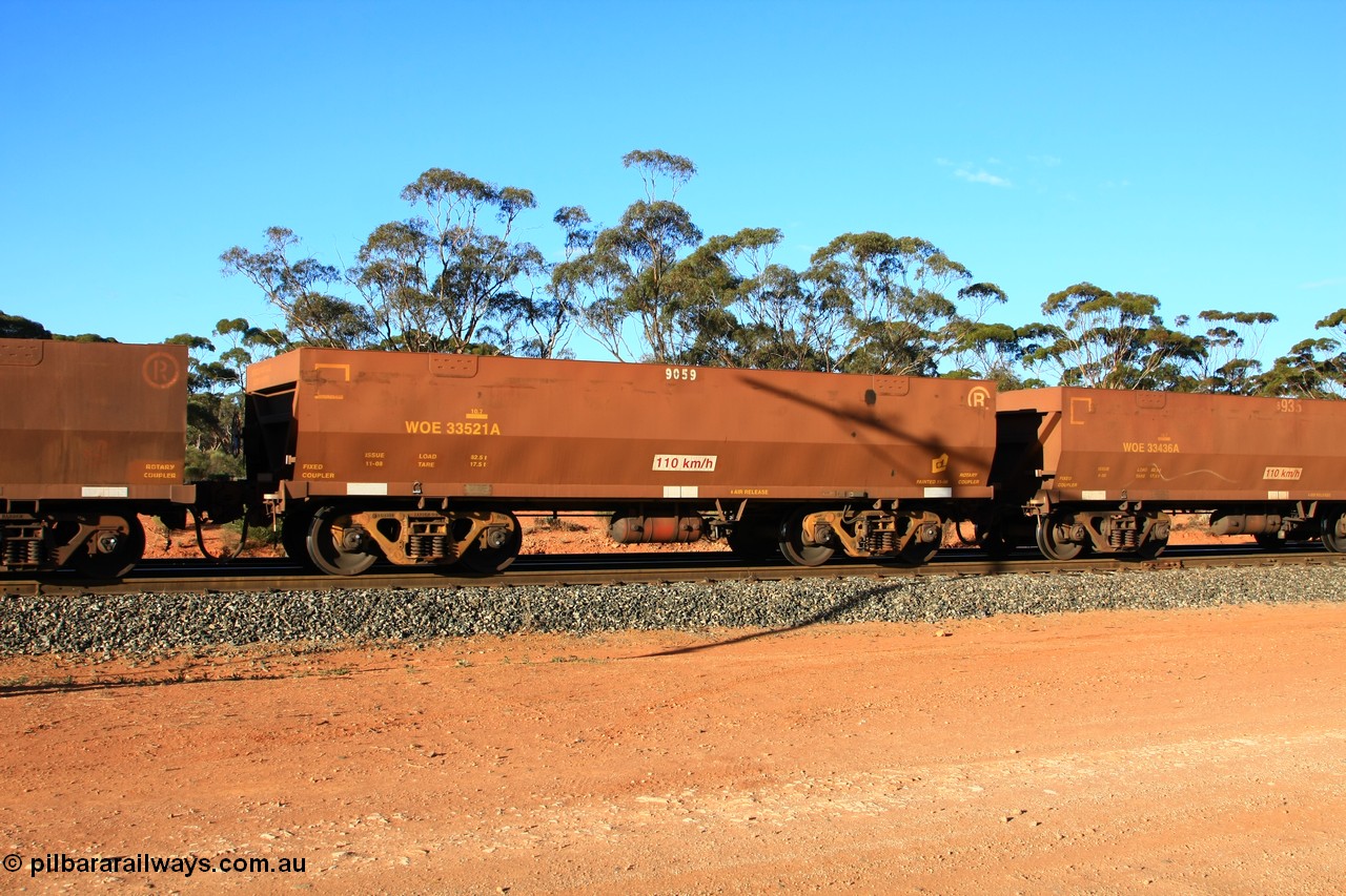 100731 03172
WOE type iron ore waggon WOE 33521 is one of a batch of one hundred and twenty eight built by United Group Rail WA between August 2008 and March 2009 with serial number 950211-061 and fleet number 9059 for Koolyanobbing iron ore operations, empty train arriving at Binduli Triangle, 31st July 2010.
Keywords: WOE-type;WOE33521;United-Group-Rail-WA;950211-061;