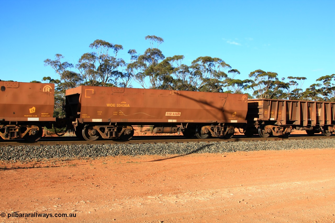 100731 03173
WOE type iron ore waggon WOE 33436 is one of a batch of one hundred and forty one built by United Group Rail WA between November 2005 and April 2006 with serial number 950142-141 and fleet number 8935 for Koolyanobbing iron ore operations with the 8 being an addition as the fleet size has increased beyond 1000 waggons, 82.5 ton capacity and build date of 04/2006 waggon for Portman Mining, empty train arriving at Binduli Triangle, 31st July 2010.
Keywords: WOE-type;WOE33436;United-Group-Rail-WA;950142-141;