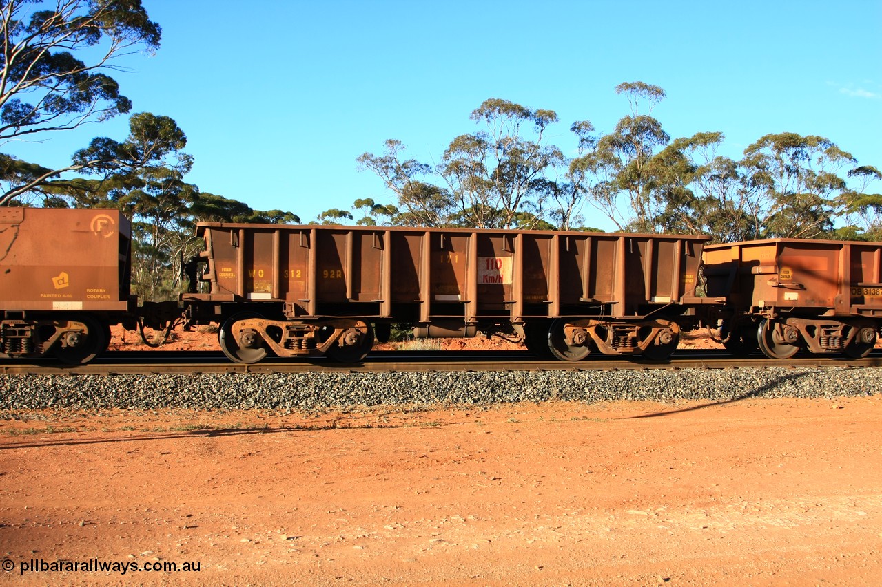 100731 03174
WO type iron ore waggon WO 31292 is one of a batch of fifteen built by WAGR Midland Workshops between July and October 1968 with fleet number 171 for Koolyanobbing iron ore operations, with a 75 ton and 1018 ft³ capacity, empty train arriving at Binduli Triangle, 31st July 2010.
Keywords: WO-type;WO31292;WAGR-Midland-WS;