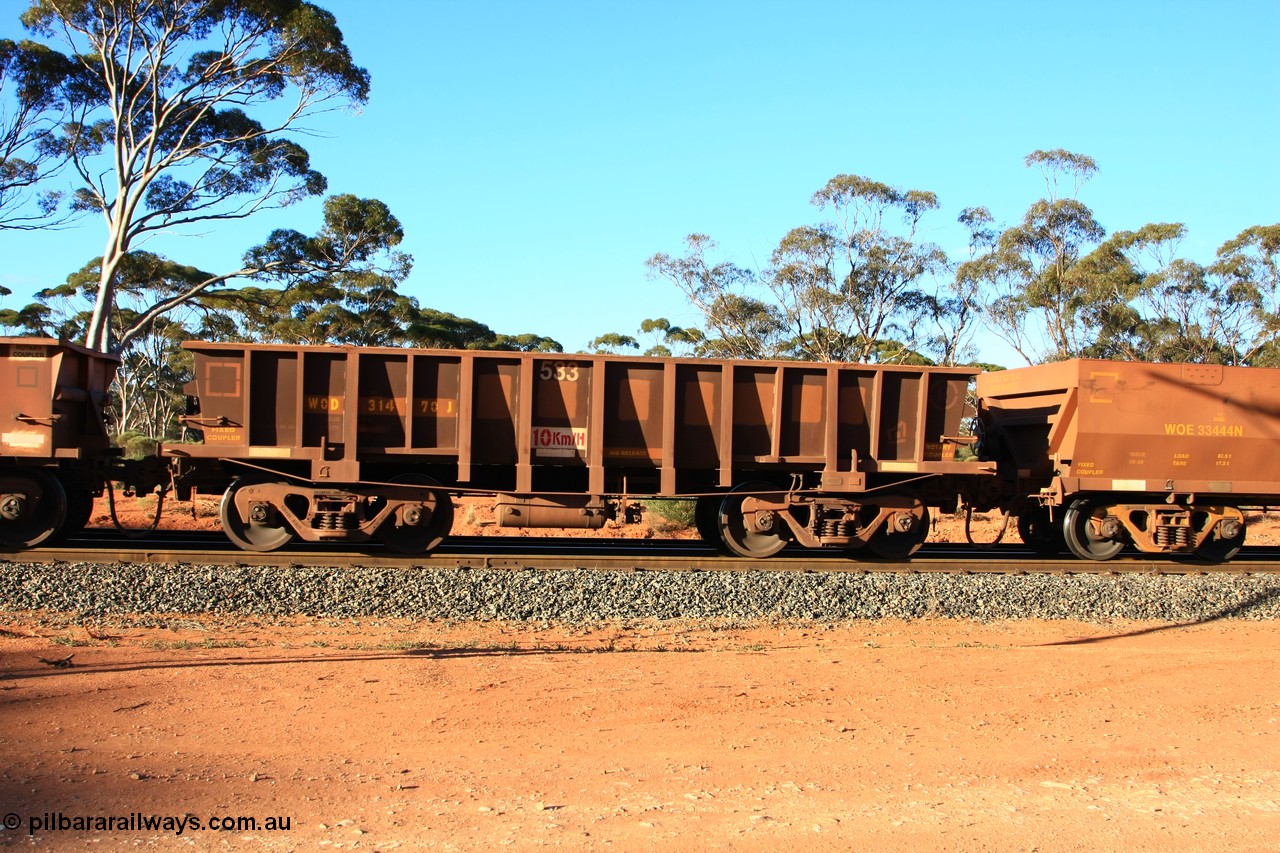 100731 03176
WOD type iron ore waggon WOD 31470 is one of a batch of sixty two built by Goninan WA between April and August 2000 with serial number 950086-042 and fleet number 533 for Koolyanobbing iron ore operations with a 75 ton capacity for Portman Mining to cart their Koolyanobbing iron ore to Esperance, PORTMAN has been painted out, empty train arriving at Binduli Triangle, 31st July 2010.
Keywords: WOD-type;WOD31470;Goninan-WA;950086-042;