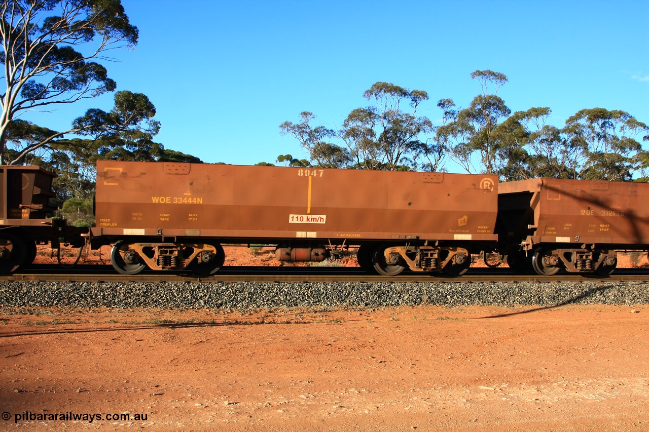 100731 03177
WOE type iron ore waggon WOE 33444 is one of a batch of seventeen built by United Group Rail WA between July and August 2008 with serial number 950209-008 and fleet number 8947 for Koolyanobbing iron ore operations, empty train arriving at Binduli Triangle, 31st July 2010.
Keywords: WOE-type;WOE33444;United-Group-Rail-WA;950209-008;