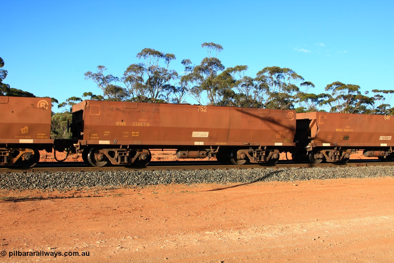 100731 03178
WOE type iron ore waggon WOE 33263 is one of a batch of thirty five built by Goninan WA between January and April 2005 with serial number 950104-003 and fleet number 762 for Koolyanobbing iron ore operations, empty train arriving at Binduli Triangle, 31st July 2010.
Keywords: WOE-type;WOE33263;Goninan-WA;950104-003;
