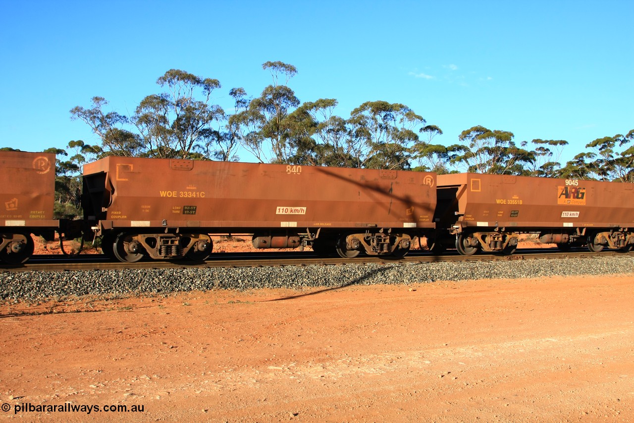 100731 03179
WOE type iron ore waggon WOE 33341 is one of a batch of one hundred and forty one built by United Goninan WA between November 2005 and April 2006 with serial number 950142-046 and fleet number 840 for Koolyanobbing iron ore operations with and a load of 82.5 tonnes, empty train arriving at Binduli Triangle, 31st July 2010.
Keywords: WOE-type;WOE33341;United-Goninan-WA;950142-046;
