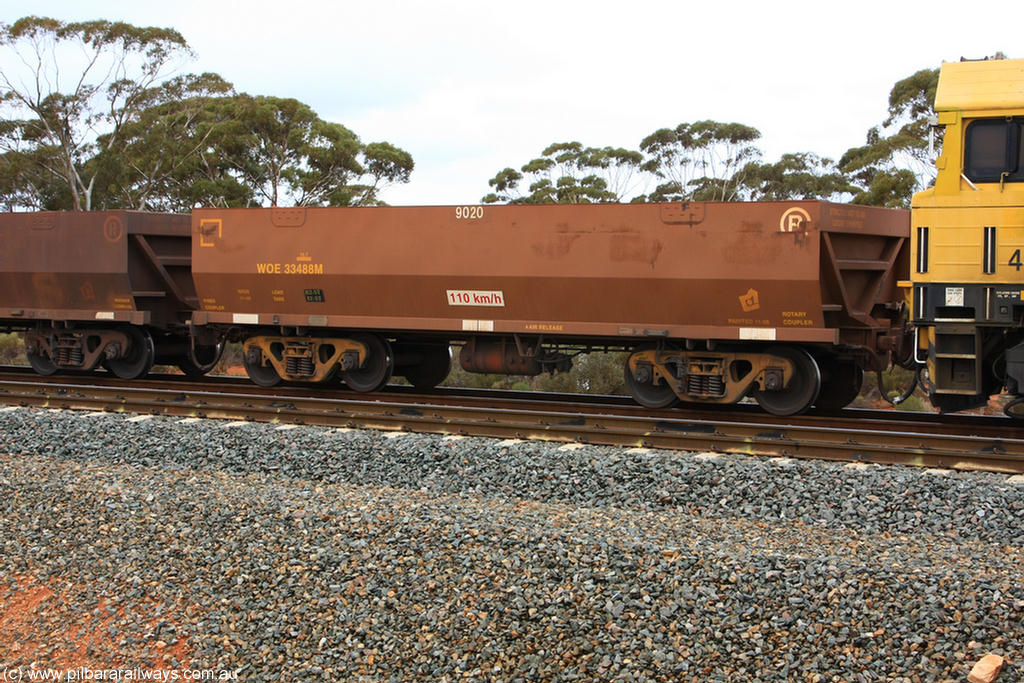 100822 5849
WOE type iron ore waggon WOE 33488 is one of a batch of one hundred and twenty eight built by United Group Rail WA between August 2008 and March 2009 with serial number 950211-028 and fleet number 9020 for Koolyanobbing iron ore operations, Binduli Triangle 22nd August 2010.
Keywords: WOE-type;WOE33488;United-Group-Rail-WA;950211-028;