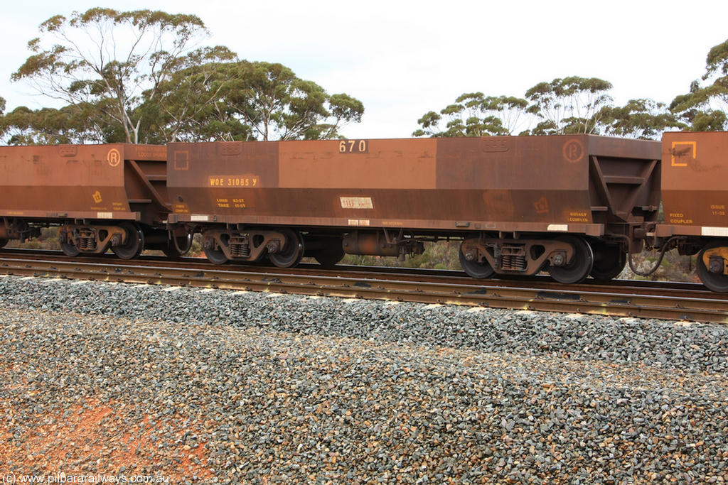 100822 5850
WOE type iron ore waggon WOE 31085 is one of a batch of one hundred and thirty built by Goninan WA between March and August 2001 with serial number 950092-075 and fleet number 670 for Koolyanobbing iron ore operations, Binduli Triangle 22nd August 2010.
Keywords: WOE-type;WOE31085;Goninan-WA;950092-075;