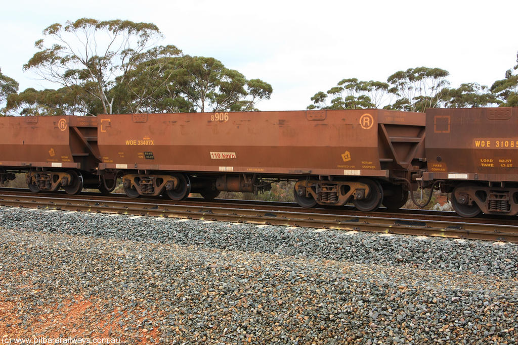 100822 5851
WOE type iron ore waggon WOE 33407 is one of a batch of one hundred and forty one built by United Group Rail WA between November 2005 and April 2006 with serial number 950142-112 and fleet number 8906 for Koolyanobbing iron ore operations, Binduli Triangle 22nd August 2010.
Keywords: WOE-type;WOE33407;United-Group-Rail-WA;950142-112;