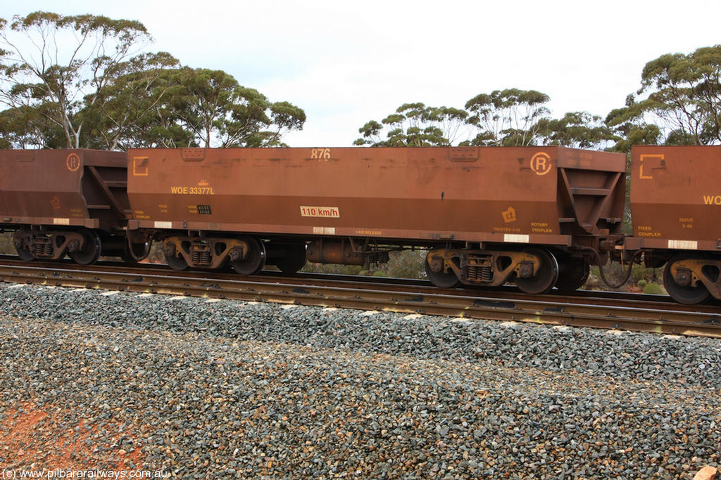 100822 5852
WOE type iron ore waggon WOE 33377 is one of a batch of one hundred and forty one built by United Goninan WA between November 2005 and April 2006 with serial number 950142-082 and fleet number 876 for Koolyanobbing iron ore operations, Binduli Triangle 22nd August 2010.
Keywords: WOE-type;WOE33377;United-Goninan-WA;950142-082;