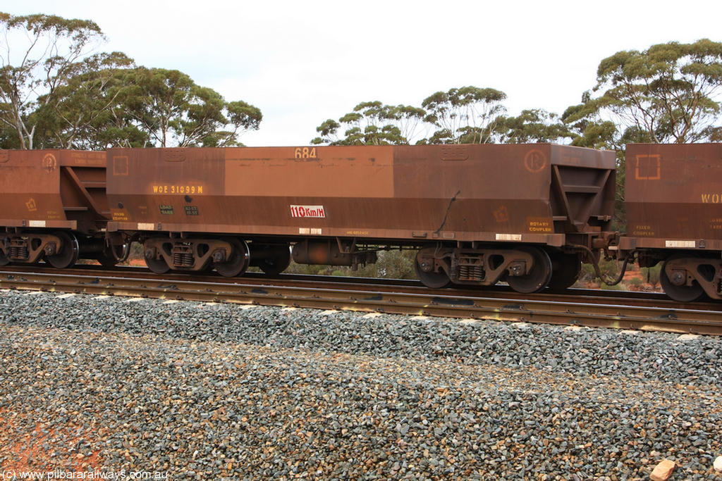 100822 5854
WOE type iron ore waggon WOE 31099 is one of a batch of one hundred and thirty built by Goninan WA between March and August 2001 with serial number 950092-089 and fleet number 684 for Koolyanobbing iron ore operations, Binduli Triangle 22nd August 2010.
Keywords: WOE-type;WOE31099;Goninan-WA;950092-089;