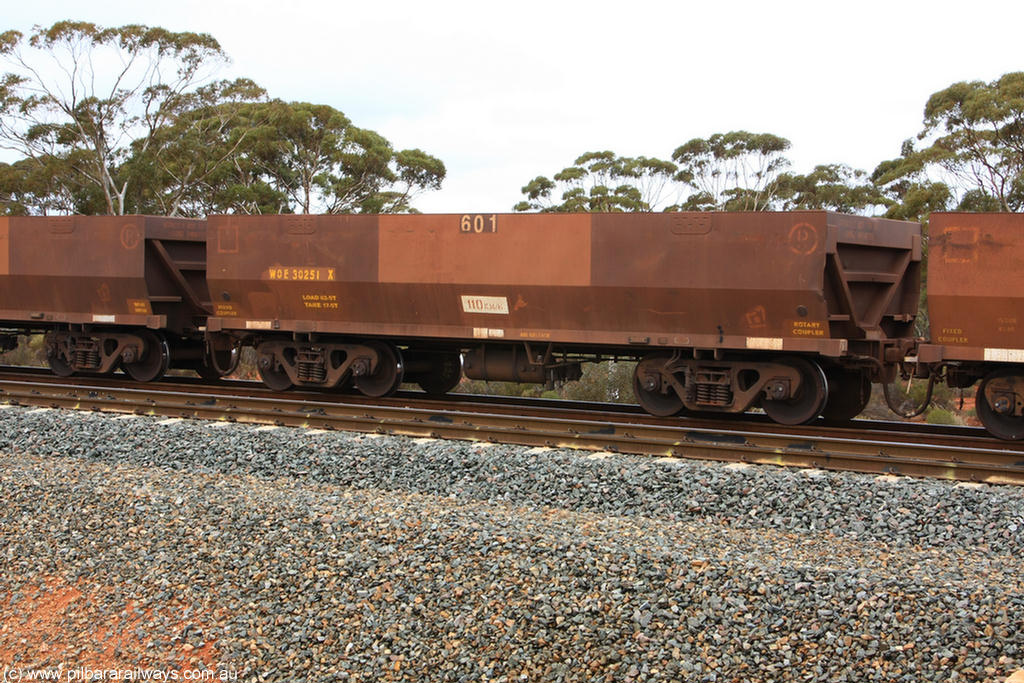 100822 5856
WOE type iron ore waggon WOE 30251 is leader of a batch of one hundred and thirty built by Goninan WA between March and August 2001 with serial number 950092-001 and fleet number 601 for Koolyanobbing iron ore operations, Binduli Triangle 22nd August 2010.
Keywords: WOE-type;WOE30251;Goninan-WA;950092-001;