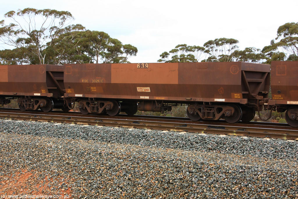 100822 5857
WOE type iron ore waggon WOE 30297 is one of a batch of one hundred and thirty built by Goninan WA between March and August 2001 with serial number 950092-047 and fleet number 639 for Koolyanobbing iron ore operations, Binduli Triangle 22nd August 2010.
Keywords: WOE-type;WOE30297;Goninan-WA;950092-047;
