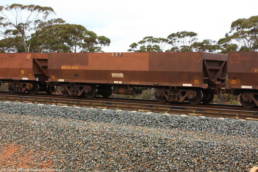 100822 5858
WOE type iron ore waggon WOE 31103 is one of a batch of one hundred and thirty built by Goninan WA between March and August 2001 with serial number 950092-093 and fleet number 687 for Koolyanobbing iron ore operations, Binduli Triangle 22nd August 2010.
Keywords: WOE-type;WOE31103;Goninan-WA;950092-093;