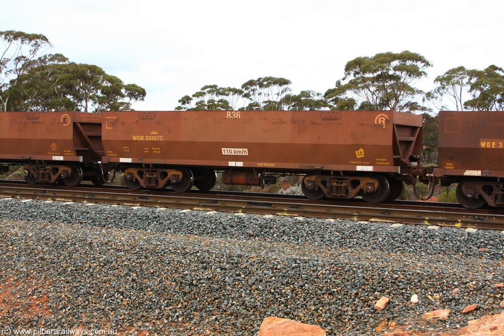 100822 5859
WOE type iron ore waggon WOE 33337 is one of a batch of one hundred and forty one built by United Goninan WA between November 2005 and April 2006 with serial number 950142-042 and fleet number 836 for Koolyanobbing iron ore operations, Binduli Triangle 22nd August 2010.
Keywords: WOE-type;WOE33337;United-Goninan-WA;950142-042;