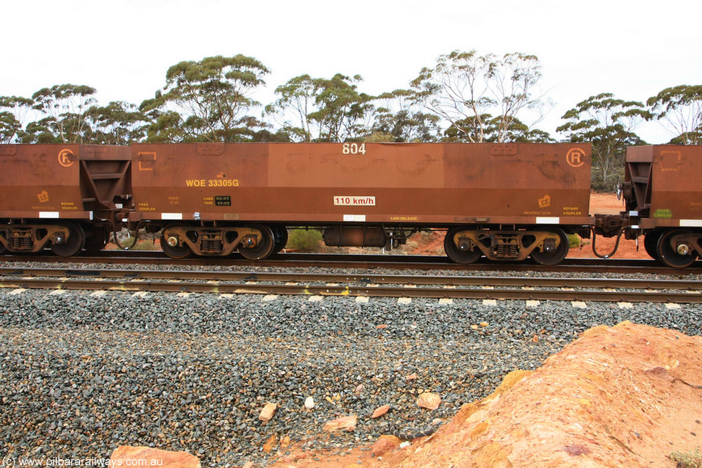 100822 5865
WOE type iron ore waggon WOE 33305 is one of a batch of one hundred and forty one built by United Goninan WA between November 2005 and April 2006 with serial number 950142-010 and fleet number 804 for Koolyanobbing iron ore operations, Binduli Triangle 22nd August 2010.
Keywords: WOE-type;WOE33305;United-Goninan-WA;950142-010;