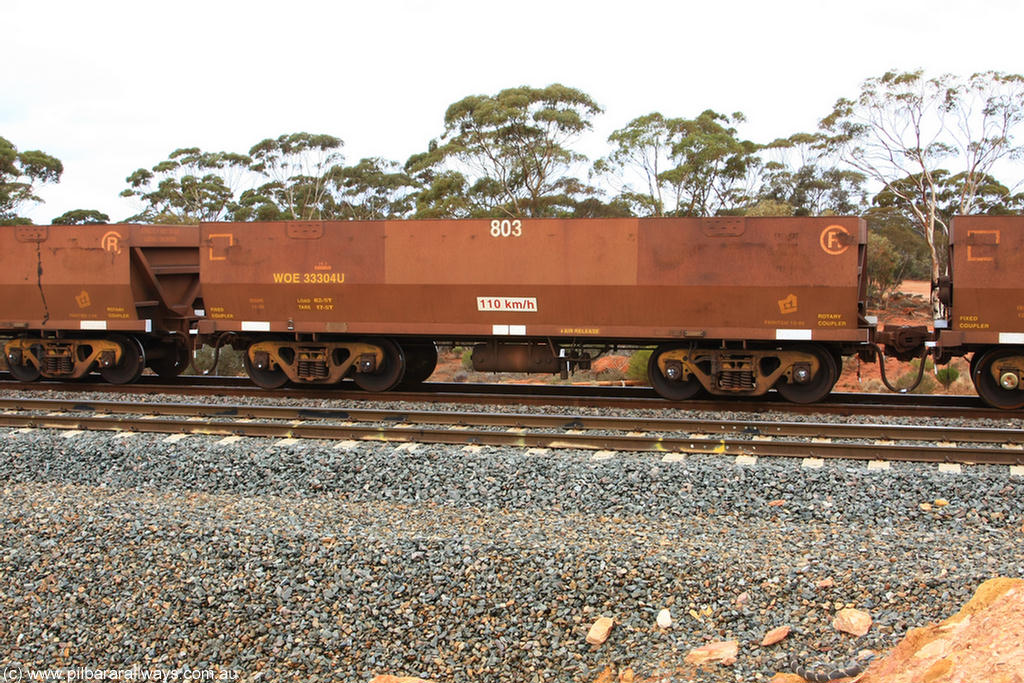 100822 5866
WOE type iron ore waggon WOE 33304 is one of a batch of one hundred and forty one built by United Goninan WA between November 2005 and April 2006 with serial number 950142-009 and fleet number 803 for Koolyanobbing iron ore operations, Binduli Triangle 22nd August 2010.
Keywords: WOE-type;WOE33304;United-Goninan-WA;950142-009;