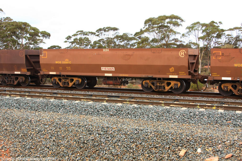 100822 5868
WOE type iron ore waggon WOE 33581 is one of a batch of one hundred and twenty eight built by United Group Rail WA between August 2008 and March 2009 with serial number 950211-121 and fleet number 9084 for Koolyanobbing iron ore operations, Binduli Triangle 22nd August 2010.
Keywords: WOE-type;WOE33581;United-Group-Rail-WA;950211-121;