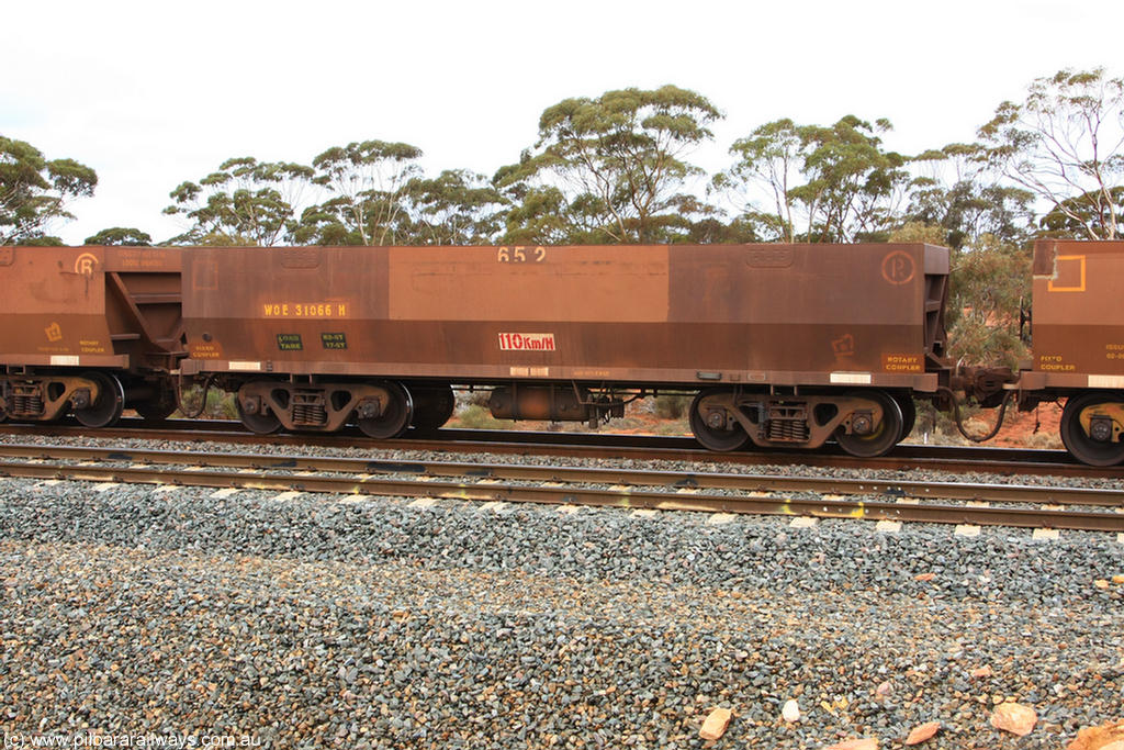 100822 5869
WOE type iron ore waggon WOE 31066 is one of a batch of one hundred and thirty built by Goninan WA between March and August 2001 with serial number 950092-056 and fleet number 652 for Koolyanobbing iron ore operations, Binduli Triangle 22nd August 2010.
Keywords: WOE-type;WOE31066;Goninan-WA;950092-056;